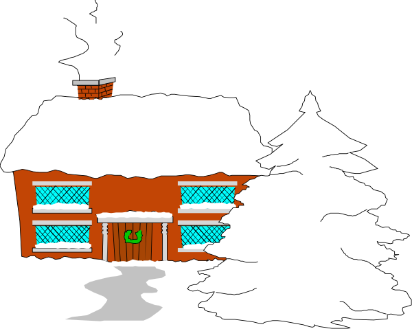 The image shows a cartoon depiction of Christmas with snow on rooftops, trees around house, stockings hanging from chimney, presents under tree, Santa Claus in sleigh flying overhead, reindeer pulling sled and mistletoe above door.