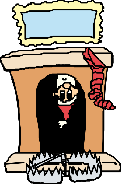 The cartoon shows a character standing next to an open fireplace with flames inside it; above them is a sign that reads "Welcome."
