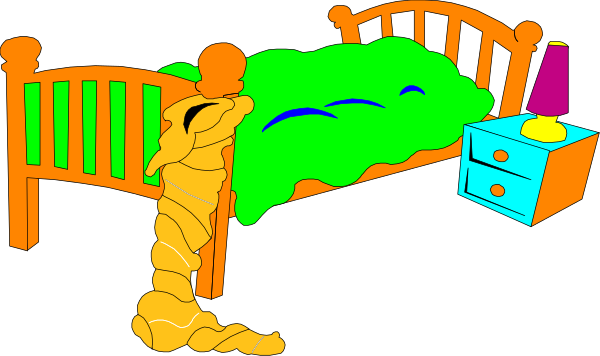 The cartoon depicts a bedroom scene with an unmade bed on which rests a green blanket that resembles Frankenstein's monster; next to it is a nightstand holding two items: one appears to be a lamp and another looks like a book or box of tissues, both in shades of blue. A stuffed animal sits at the footboard of the bed on its side with an arm raised as if waving goodbye. The room has dark walls; there's no visible window but it seems well-lit from within by artificial light sources not shown here.