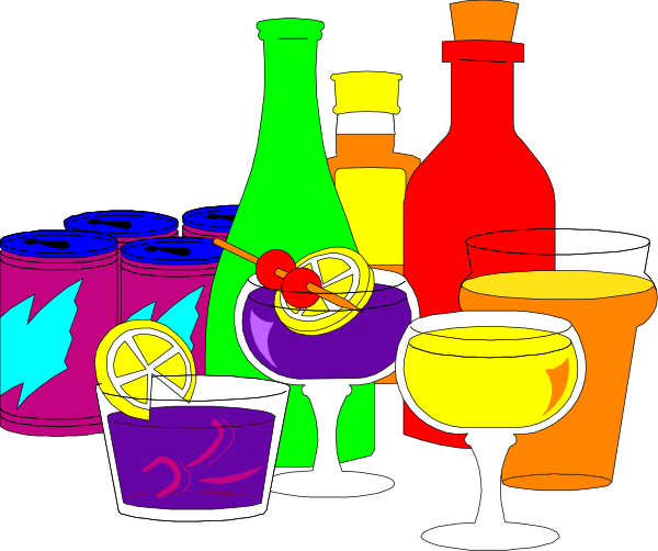 The image shows a collection of colorful cocktails with garnishes such as lemon slices on glasses placed next to each other against a dark background; there is no text present in this clip-art illustration, which focuses solely on depicting various beverages and their accompaniments.