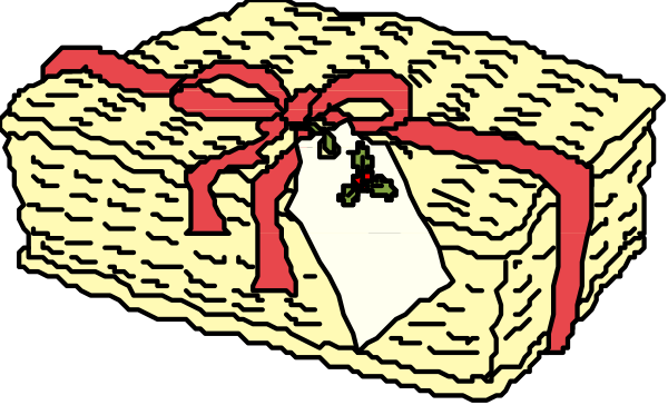 The black and white illustration shows a gift box with straw wrapping on top of it tied together by red ribbon; to its right is another wrapped item that appears similar but without any visible contents inside.