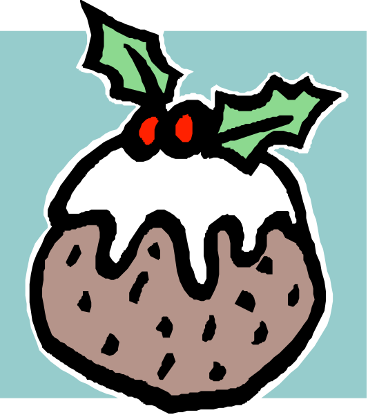The image shows a cartoon depiction of an apple pie with icing on top adorned with holly leaves at its base; it is decorated to resemble Christmas festivities. There's no text present in this clip-art illustration, and there isn't any action depicted as the focus remains solely on the illustrated object itself. The setting of the image appears to be a simple background that does not provide additional context or details about location beyond what is directly related to the apple pie decorations (holly leaves).