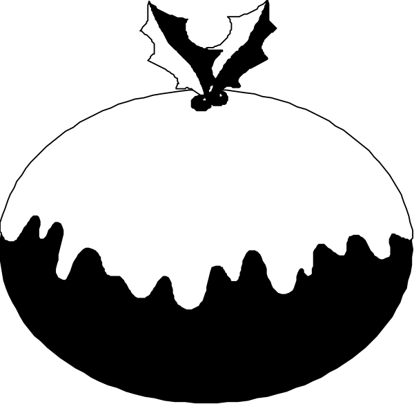 The black and white silhouette of a cake with icing dripping from it next to an apple slice on top. There is also what appears to be a bat flying above them both in this clip-art image.