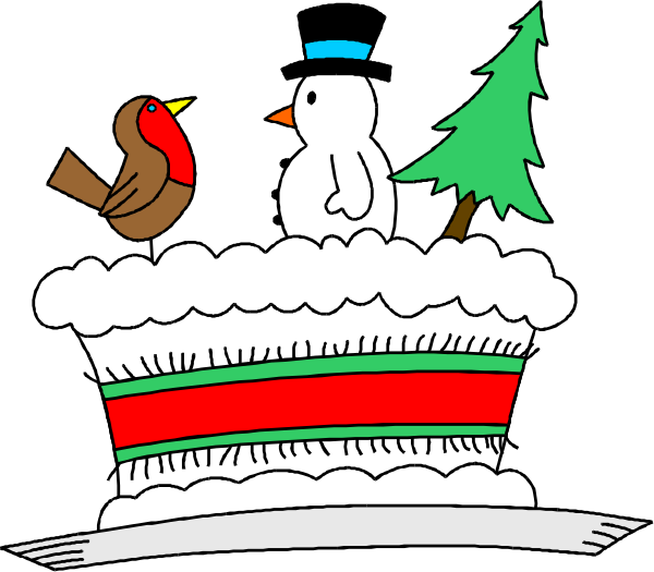 The image shows a cartoon depiction of Christmas celebration with snowman on top of cake, bird sitting next to it, tree in background, all set against black backdrop.