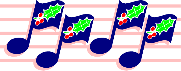 The image shows a musical staff with notes that have Christmas tree decorations on them.