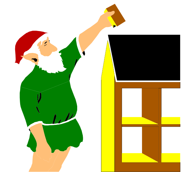 The illustration shows a cartoon depiction of Santa Claus standing next to an open wooden ladder with shelves on it; he is holding what appears to be a book in his hand while looking upwards towards something out of frame, suggesting that he might have just placed or retrieved the item from one of the higher shelves.