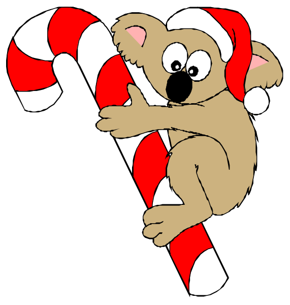 The cartoon features a koala holding an oversized candy cane with red stripes on either end while wearing Santa Claus's hat; it is set against black background.