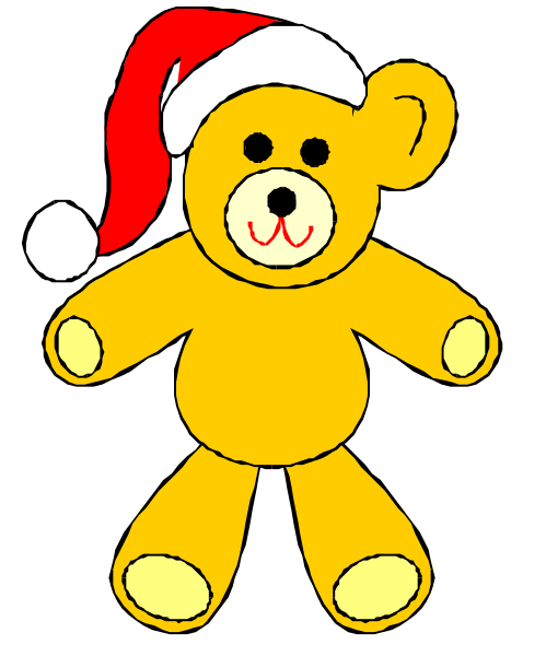 The image features a cartoon teddy bear wearing Santa Claus's hat with an attached red ribbon around its neck standing against a black background.