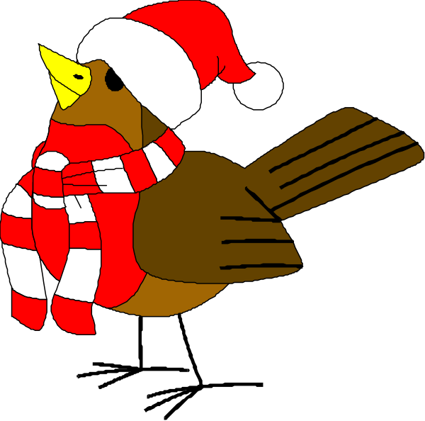 The image shows two cartoon birds wearing scarves with a Santa hat on top of them flying against a black background.