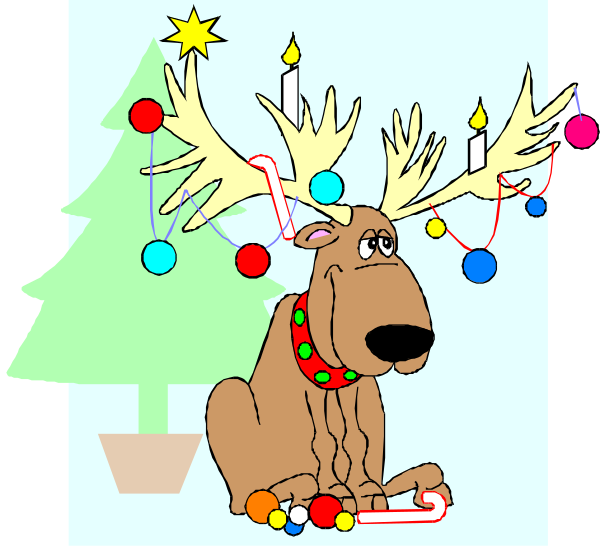 The cartoon depicts a dog sitting under Christmas decorations with reindeer antlers on its head; it is wearing a red collar around its neck and has candy canes in front of it.