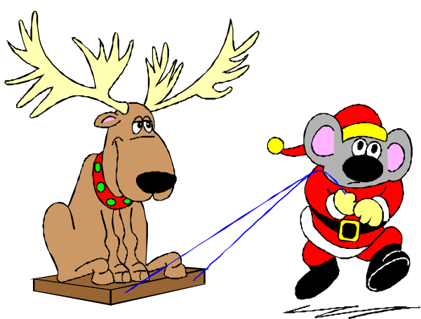 The cartoon depicts a dog pulling Santa Claus on his sleigh with reindeer antlers while moose watches from behind.