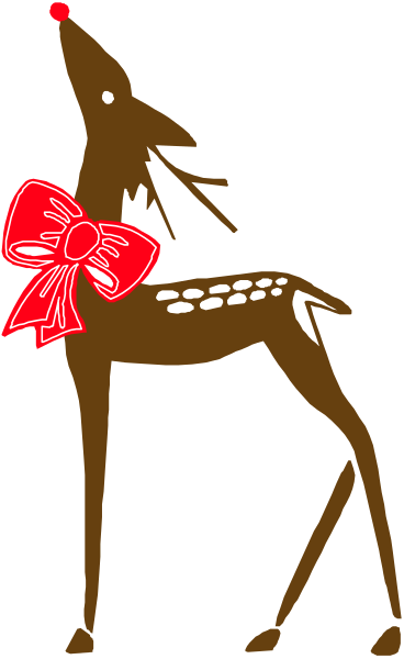 The image shows a cartoon deer with antlers wearing a red bow on its neck standing next to what appears to be mistletoe in front of it against a black background.
