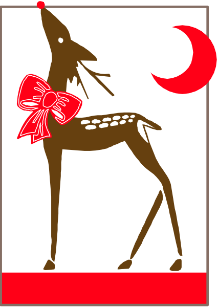 The image shows a cartoon of an animated deer with antlers standing on two legs next to a red balloon tied around its neck in front of what appears to be a beach scene featuring sand dunes under blue sky, and there is also a small bow attached near one ear.