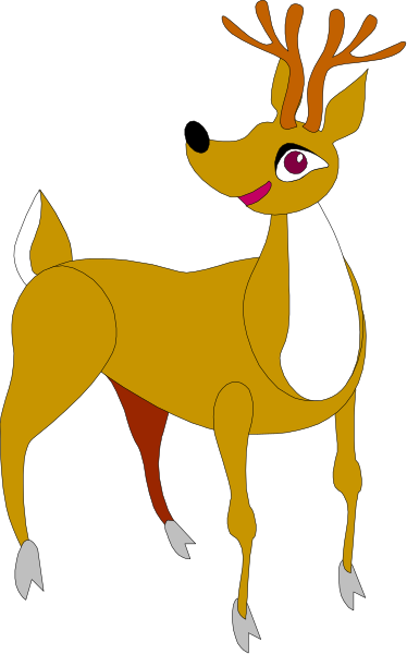 The image features a cartoon deer with antlers standing next to an animated reindeer character that is smiling at something off-screen.