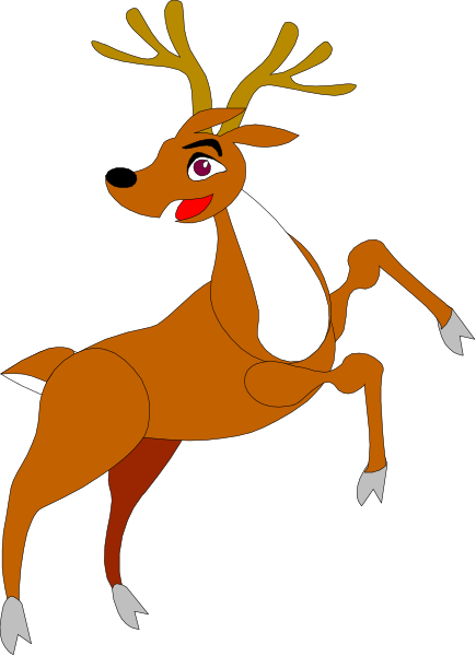 The image shows a cartoon deer with antlers standing on two legs against a black background.