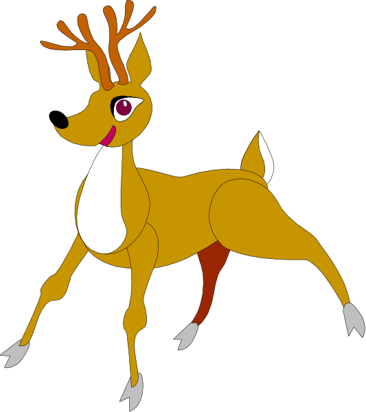 The image shows a cartoon deer with antlers standing on two legs against a black background.