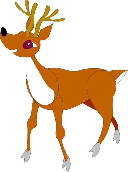 The image shows a cartoon deer with antlers standing on two legs against a black background.