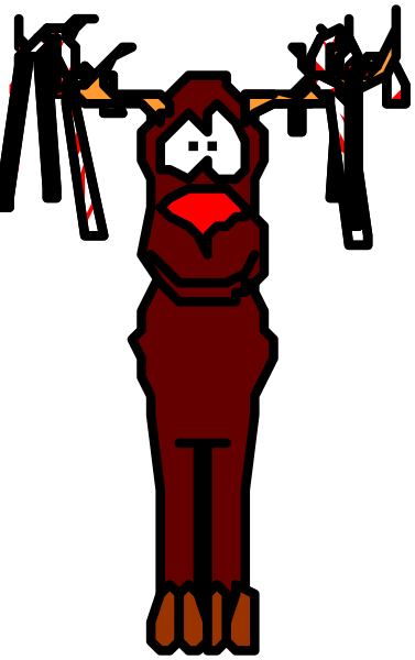 The image shows a pixelated red chicken standing on its legs with an exaggeratedly large head compared to its body against a dark background.