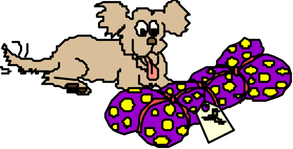 The image shows a cartoon dog sitting next to two purple bags with yellow dots on them; there is no text present in this clip-art illustration.