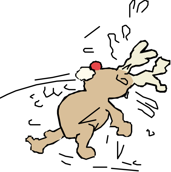 The image shows a cartoon of an anthropomorphic deer character with antlers running on two legs to its right while wearing reindeer ears atop his head; he is depicted in mid-stride against a black background, and there's no text present within this small clip art frame.