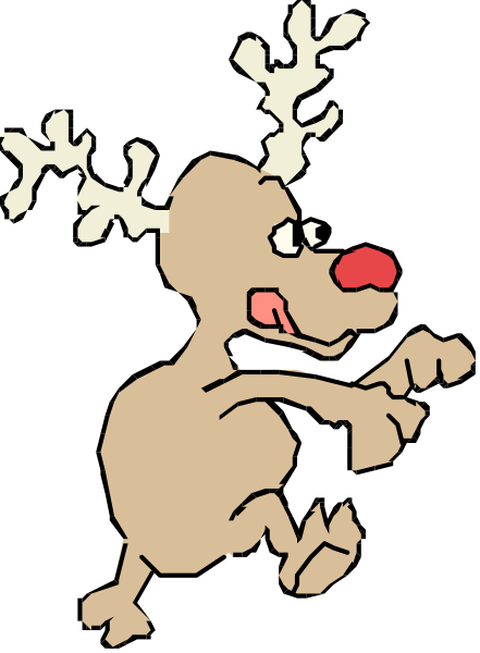 The image shows a cartoon depiction of an animated reindeer character with exaggerated features such as large eyes and ears, running on what appears to be snow-covered ground against a dark background.