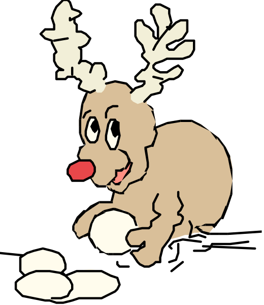 The cartoon depicts a reindeer sitting on its hind legs with an egg between two paws, looking at it intently while resting in front of what appears to be a fireplace.