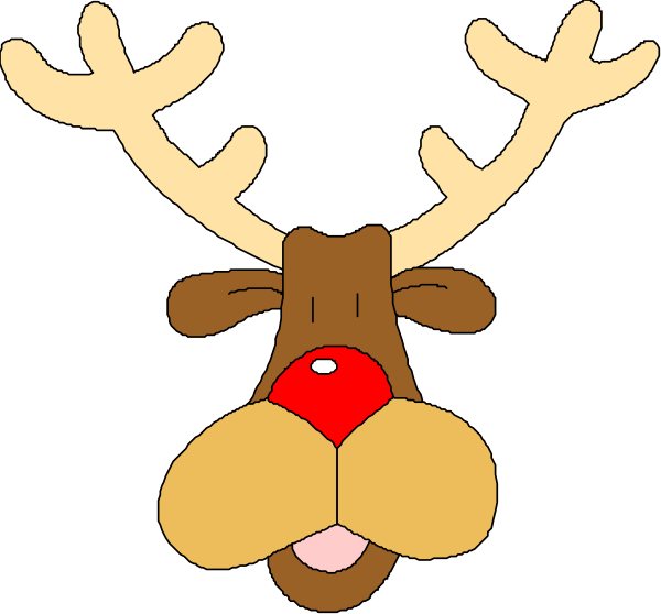 The image shows a cartoon reindeer with antlers wearing an elf hat, smiling broadly at the viewer while holding its nose in one hand as if it's smelling something good.