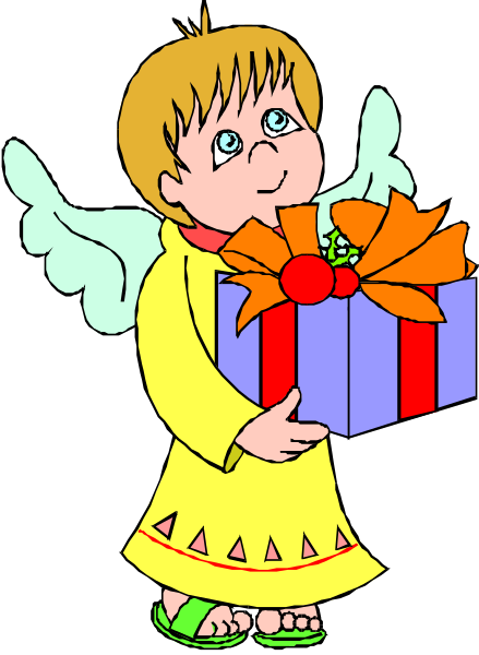The cartoon depicts a young girl with wings holding an open gift box filled with presents; she is standing against a dark background.