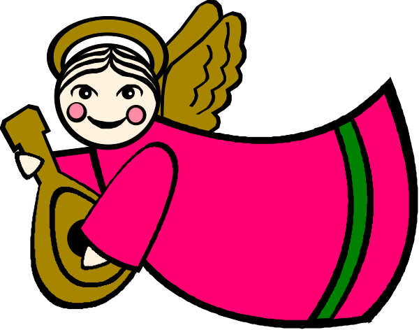 The image features a cartoon angel with wings on its back playing an instrument that resembles a trumpet while sitting down in front of what appears to be a pink dress.