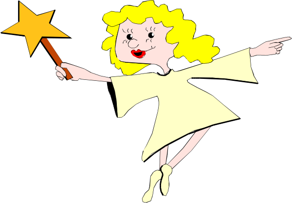 The image shows a cartoon of an animated girl with blonde hair flying through midair on her back while holding out a wand to cast spells; she is wearing white clothing that resembles pajamas and has wings attached, suggesting flight capabilities.