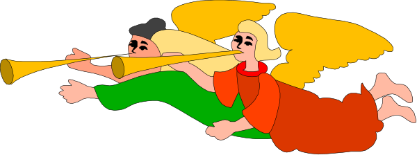 The image shows a cartoon of three musicians playing instruments: two with trumpets and another blowing into an accordion-like instrument while riding on their backs as if surfing through water waves.