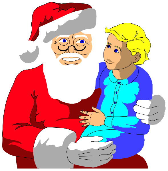 The image shows a cartoon of Santa Claus holding an animated child with blonde hair on his lap while standing against a black background; both characters have exaggerated facial features typical in this type of illustration, and there is no text present within the frame.