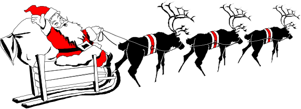 The image shows a black and white cartoon of Santa Claus riding on reindeer pulling his sleigh with presents behind it through what appears to be snowy nighttime surroundings.
