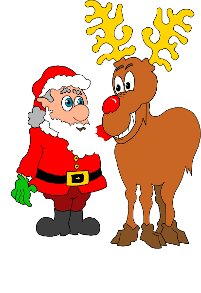 The cartoon features Santa Claus standing next to a reindeer with an elfin face on its head; both characters appear happy as if posing for a photo together in what seems like Christmas time.