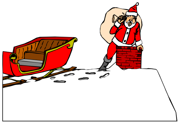 The cartoon shows Santa Claus standing next to a brick wall with snow on it; he is holding his sack over one shoulder while looking down at something off-frame.