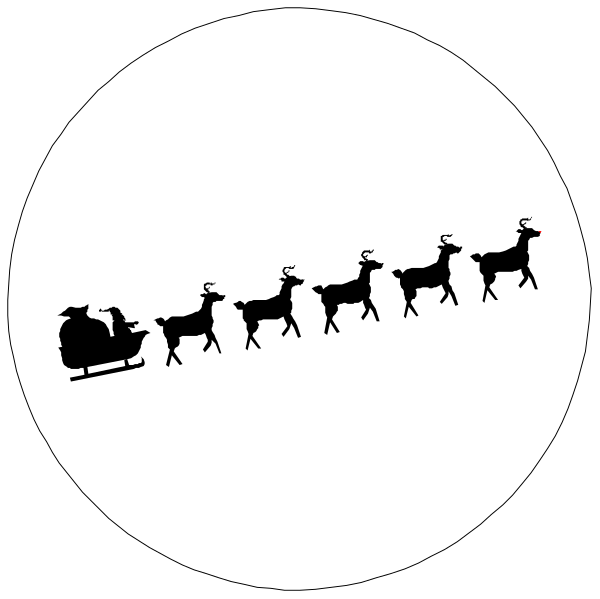 The image shows a black and white illustration of two circular images with different scenes inside them: on top is Santa Claus riding his sleigh pulled by reindeer; below it depicts three deer walking in front of each other, forming an illusion that creates the appearance they are pulling something behind.