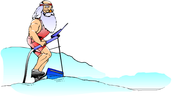 The cartoon shows a man on water skis being towed by an unseen boat while holding onto a rope handle with one hand; he is wearing red shorts and has facial hair resembling Santa Claus, riding in front of waves that suggest movement through water.