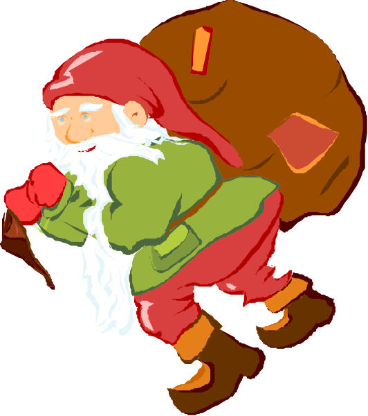 The illustration depicts a cartoon Santa Claus carrying a sack over his shoulder while running with it on top of him.