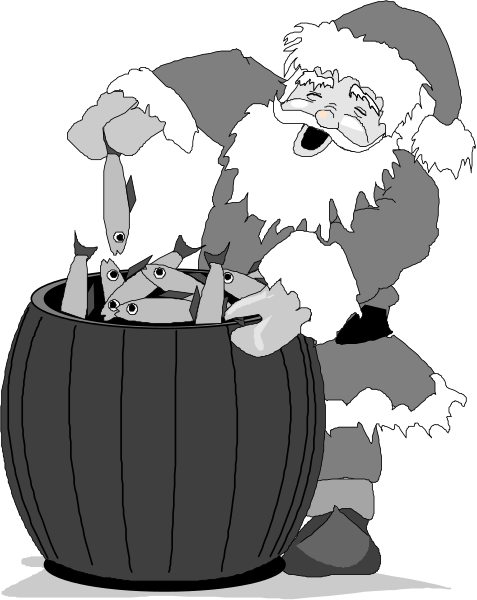 The cartoon depicts Santa Claus shoveling fish into a barrel with his left hand while holding an overflowing bucket of more fish in his right hand.