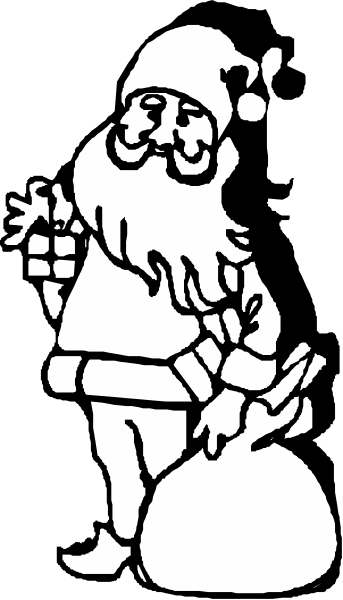 The black and white illustration features a cartoon depiction of Santa Claus holding presents with his left hand while standing on what appears to be snow-covered ground; he is smiling at something offscreen in front of him, suggesting an interaction that we cannot see from this angle.