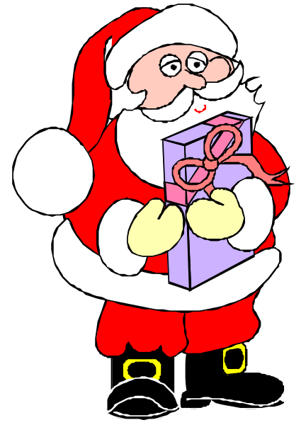 The cartoon depicts Santa Claus holding a gift box with his left hand while standing on what appears to be snow-covered ground; he is smiling at something offscreen.