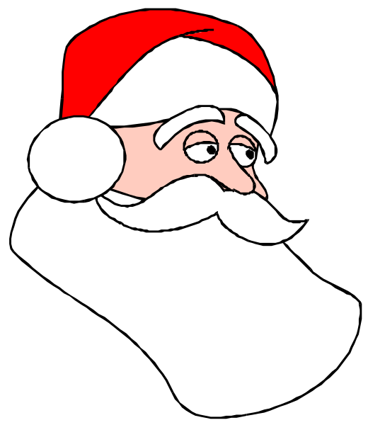 The image shows a cartoon of Santa Claus wearing his traditional red suit with white trim around it, including boots, gloves, belt buckle, hat, beard, mustache, glasses, and pants. He is depicted in profile view against a black background.