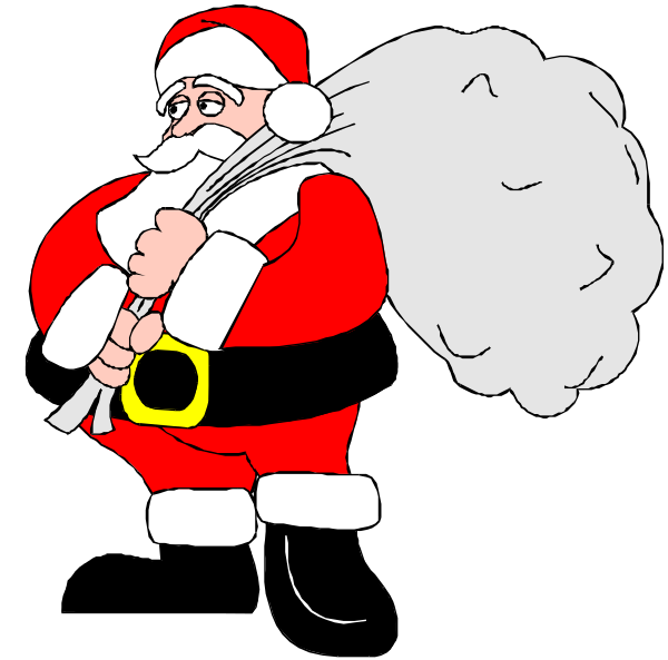 The cartoon depicts Santa Claus holding a large sack of presents over his shoulder while standing on what appears to be snow-covered ground with trees in the background.