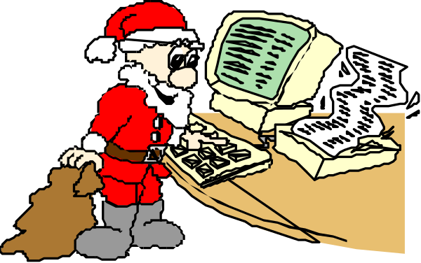 The image shows a cartoon of Santa Claus sitting at an office desk with papers scattered around him; he is looking downward while holding his hat in one hand and using another to scratch his head as if puzzled by something on the computer screen, which displays what appears to be a spreadsheet or financial document.
