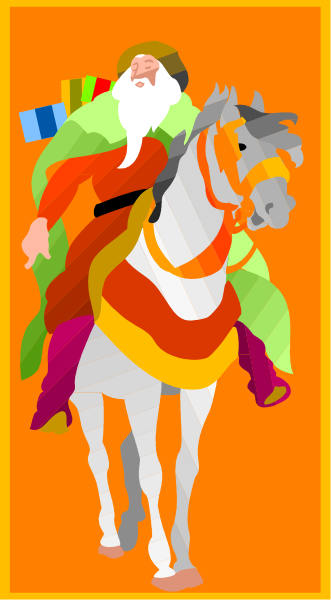 The image depicts a colorful illustration of an animated character riding on top of another horse with multiple horses beneath them forming layers in ascending order from left to right against a red background.