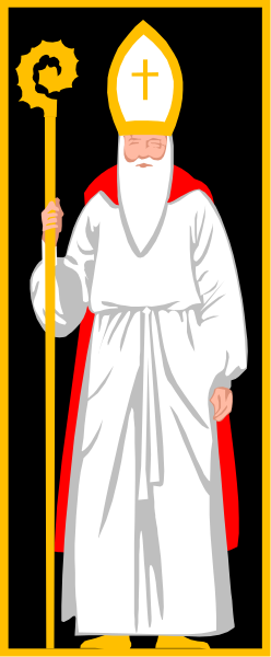 The image shows a cartoon of an animated character dressed as St Patrick with his staff, standing on either side within what appears to be a black frame against a gray background.