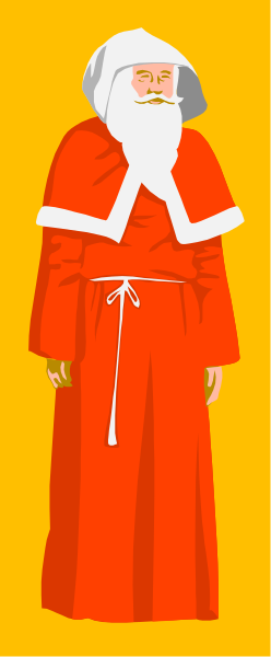 The image shows a split screen with two figures on each side; both wear red robes but differ by gender: left is male (Santa Claus) right female (Mary). They stand against contrasting backgrounds, one yellow and one orange-reddish brown.