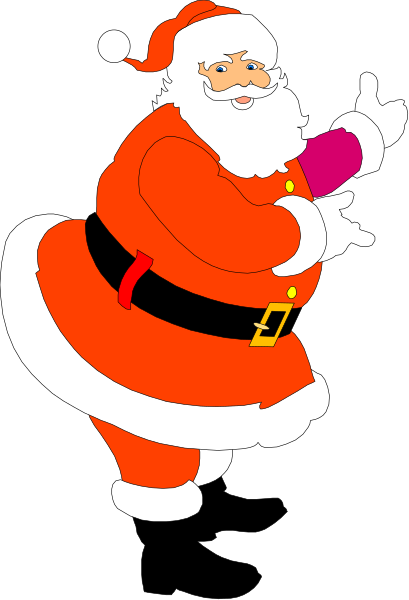 The image shows a cartoon of Santa Claus performing an action pose with his arms outstretched as if dancing; he is wearing red suit pants but no shirt visible under them.