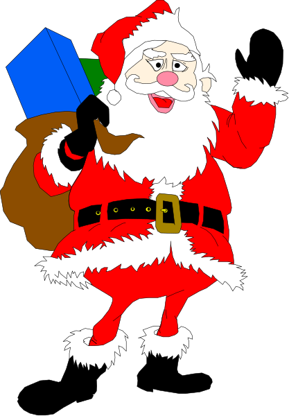The cartoon depicts Santa Claus holding a blue gift box with his left hand while standing on what appears to be a black surface; he is wearing traditional red clothing including boots, pants, belt, shirt, and hat adorned with white fur trimming around it.