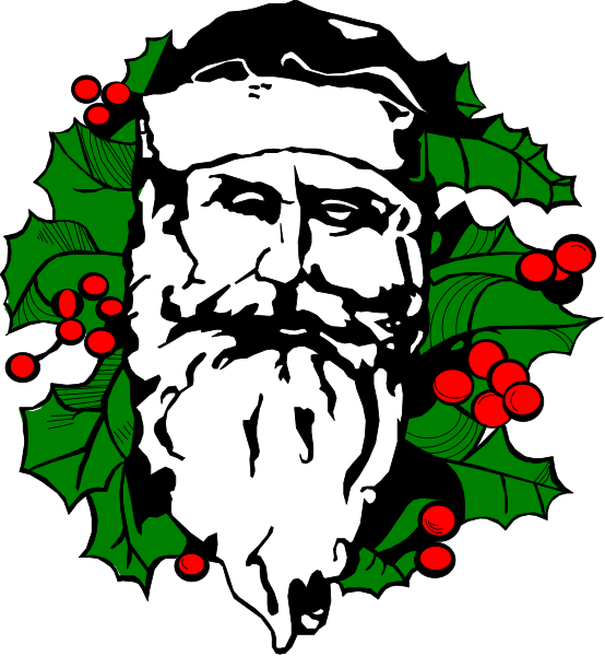 The black and white illustration features a silhouette of Santa Claus with holly leaves around him at Christmas time.